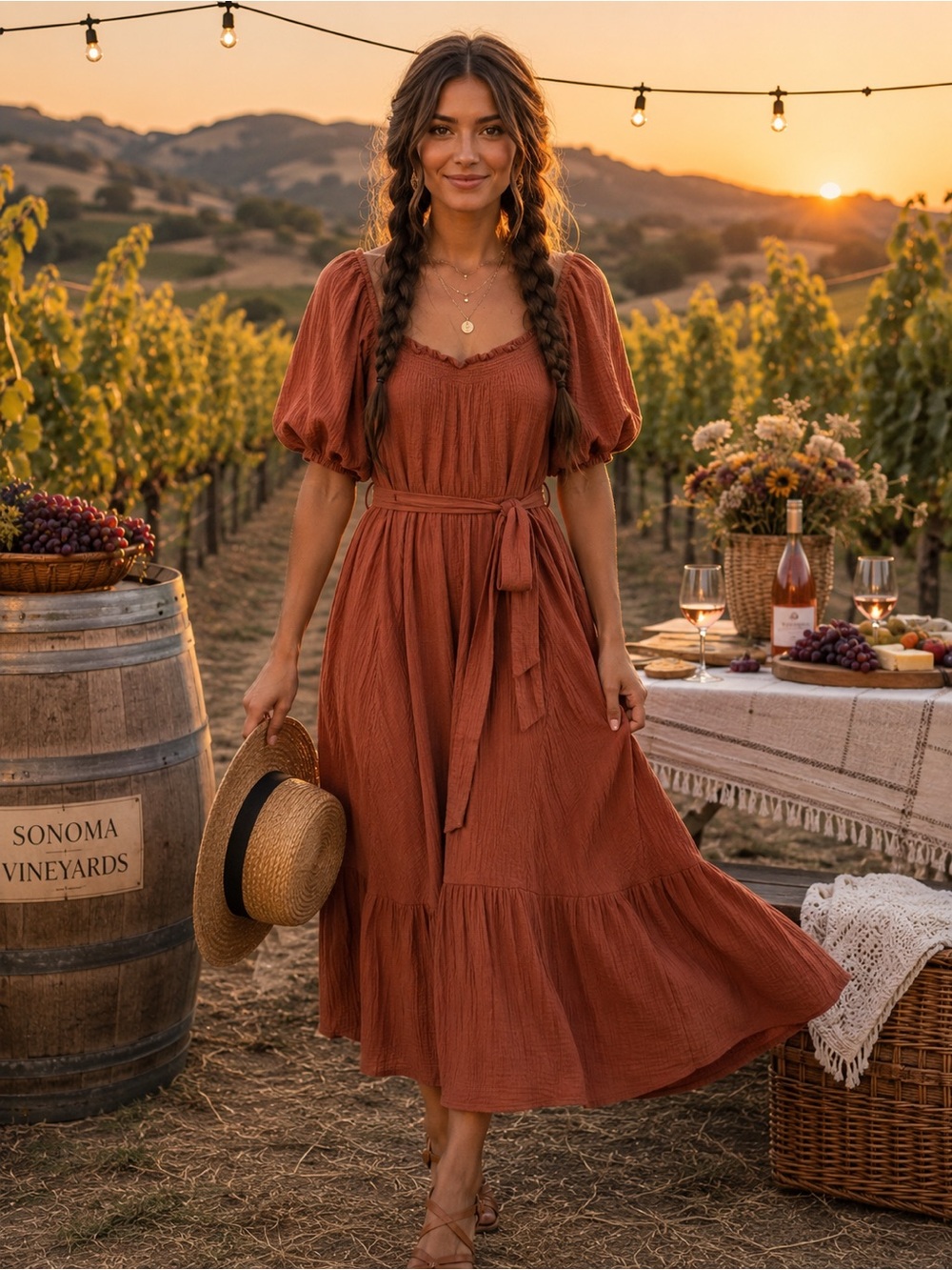 Lush Rust Puff-Sleeve Maxi Dress with Tie Waist